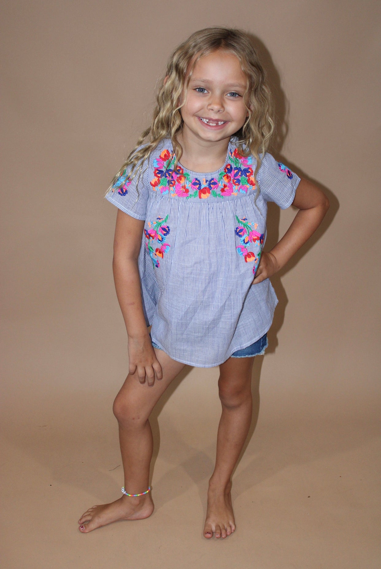 Kids Floral Embroidered Stripe Blouse