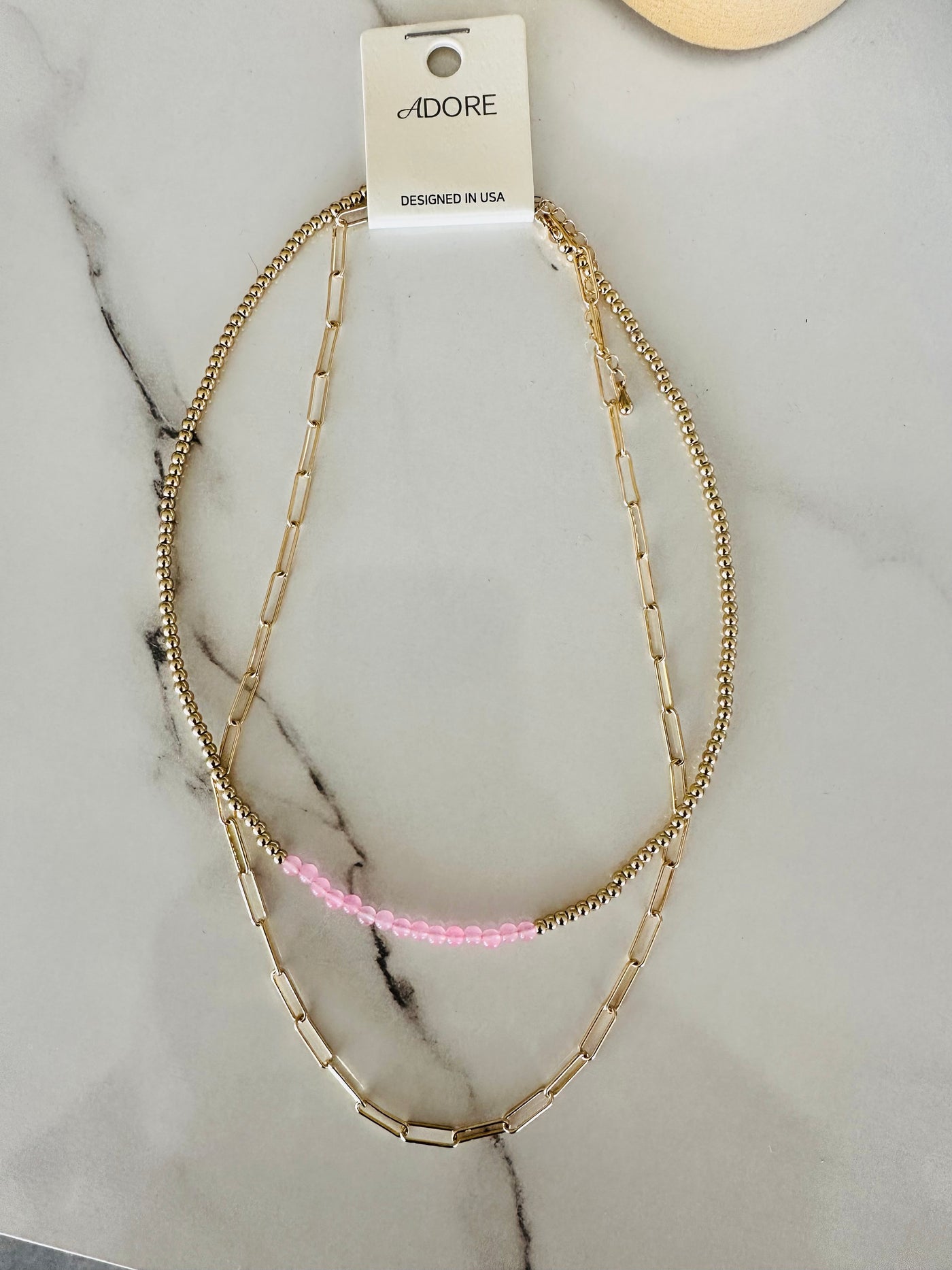 Pink Bead Layered Chain Necklace